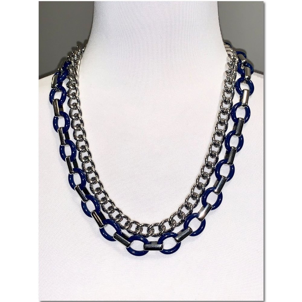 Lia Sophia 2 in 1 Navy Blue Oval Silver Double Chain Statement Necklace EUC